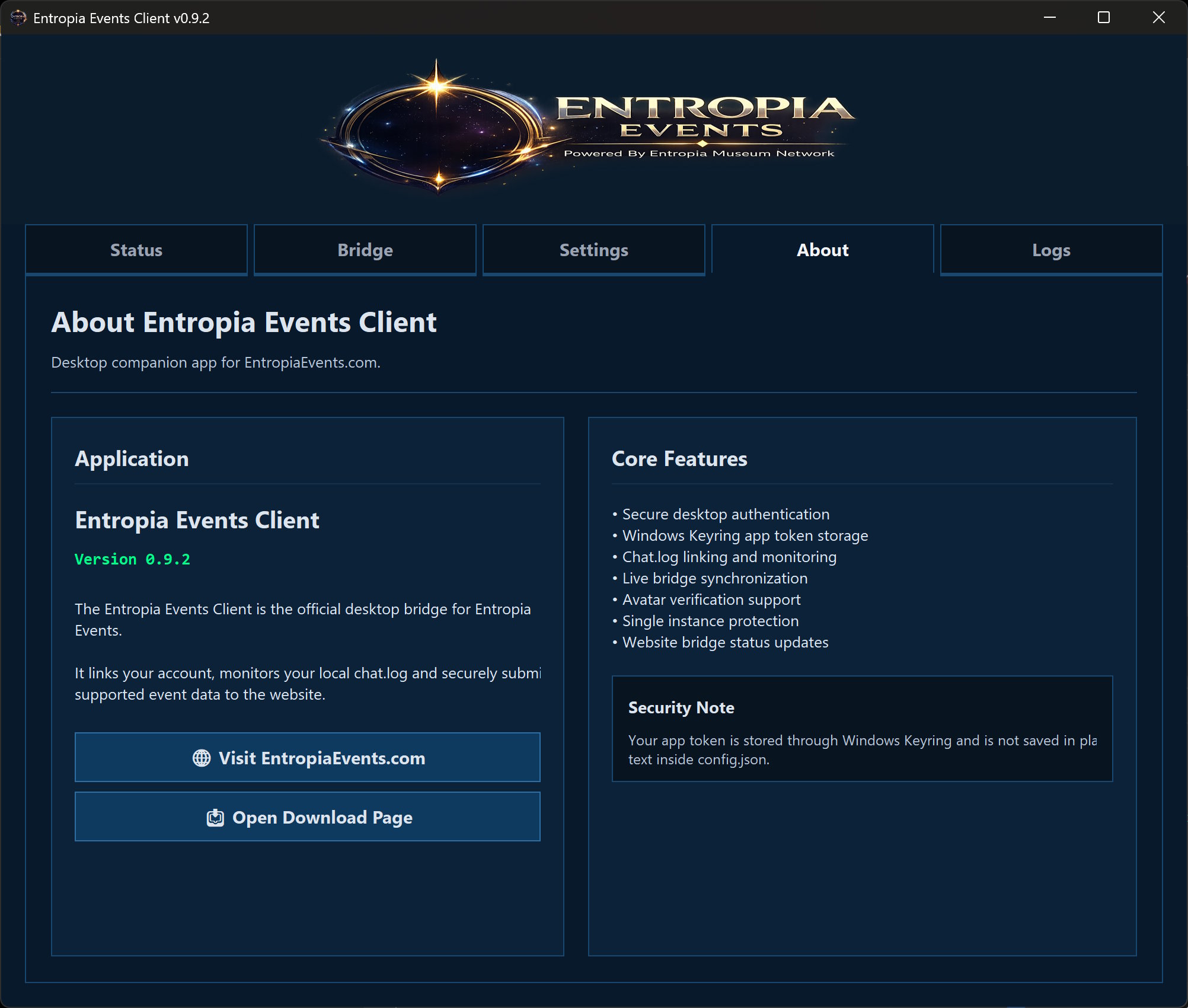 Entropia Events Client About tab