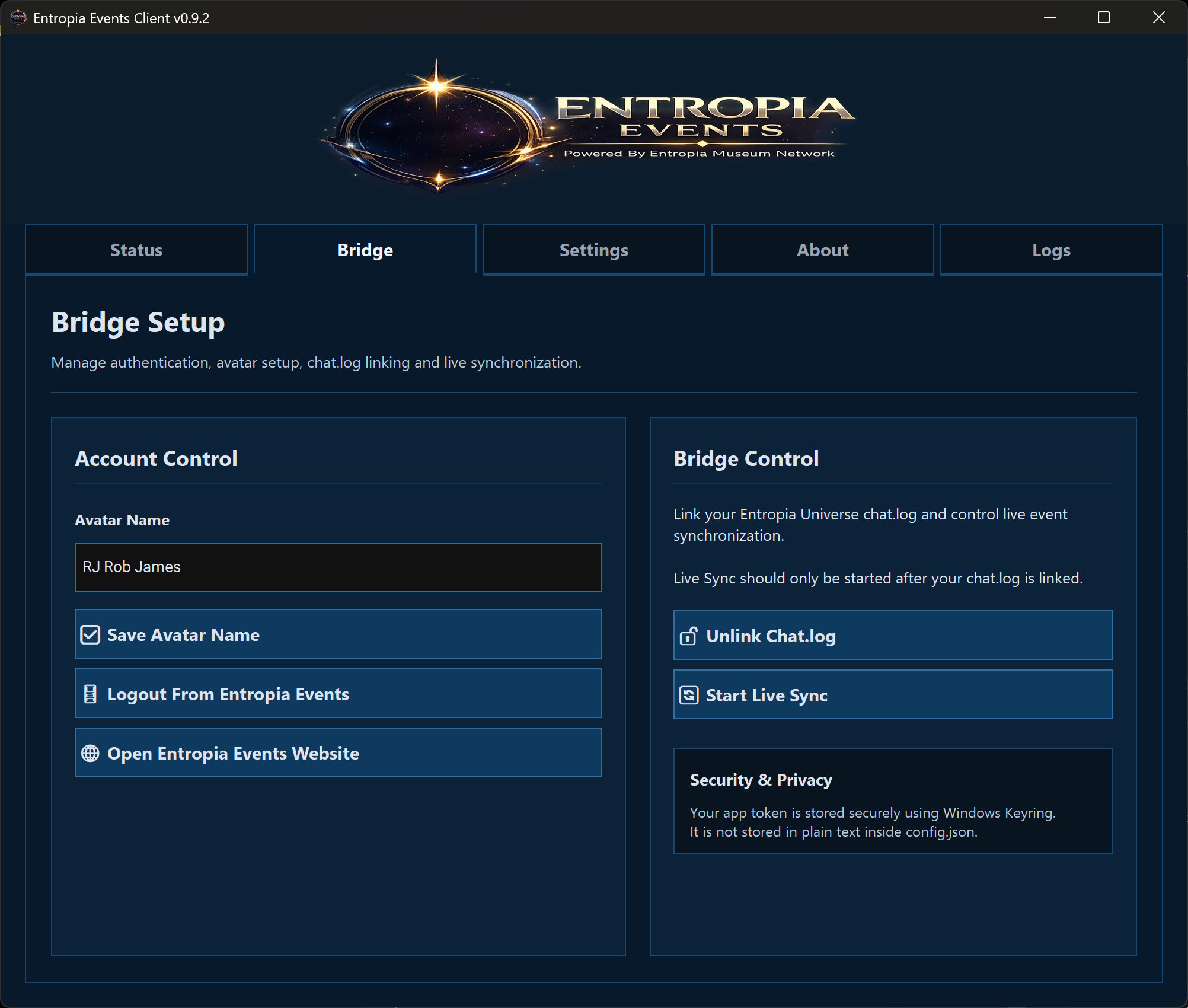 Entropia Events Client Bridge tab