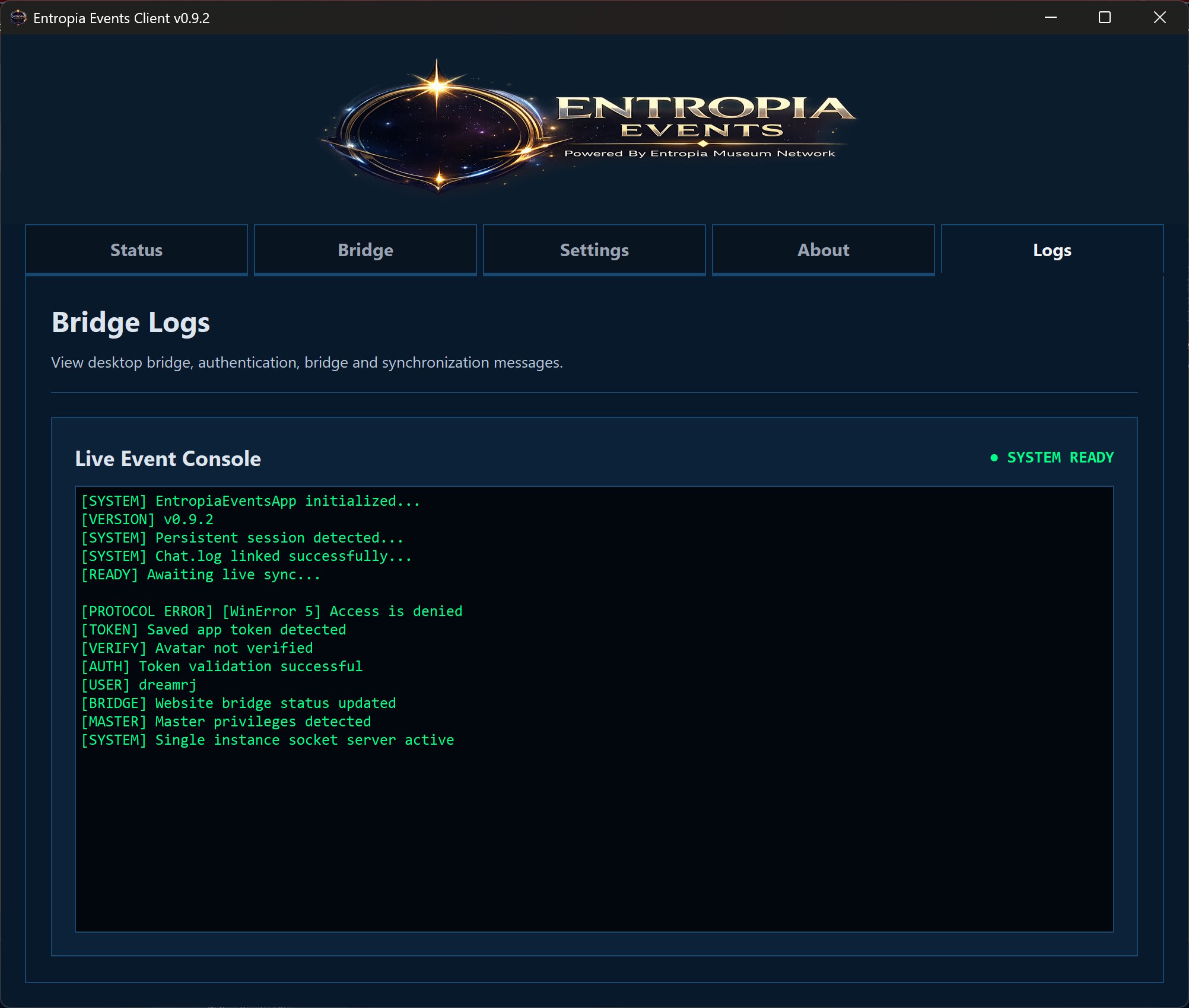 Entropia Events Client Logs tab