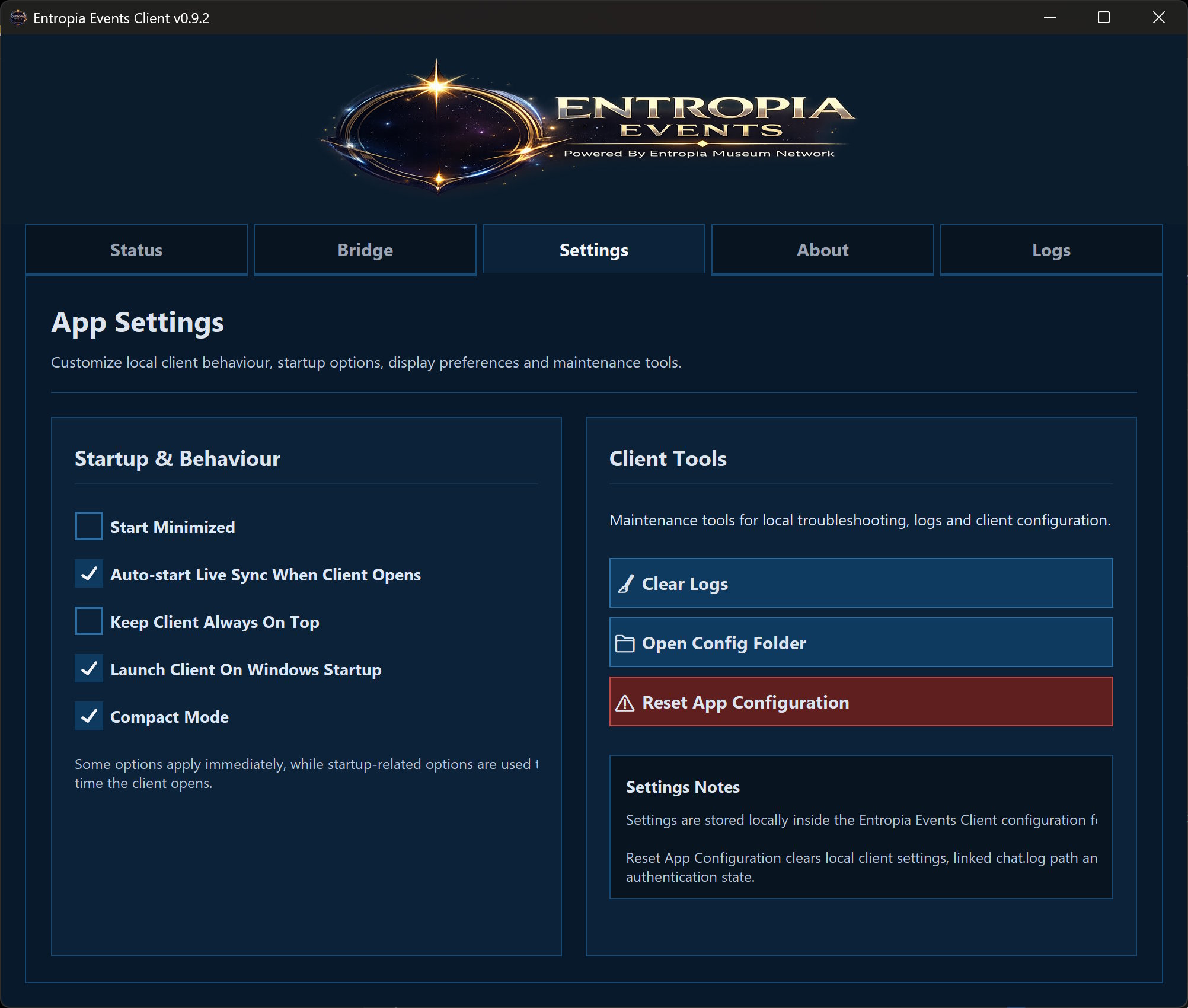 Entropia Events Client Settings tab