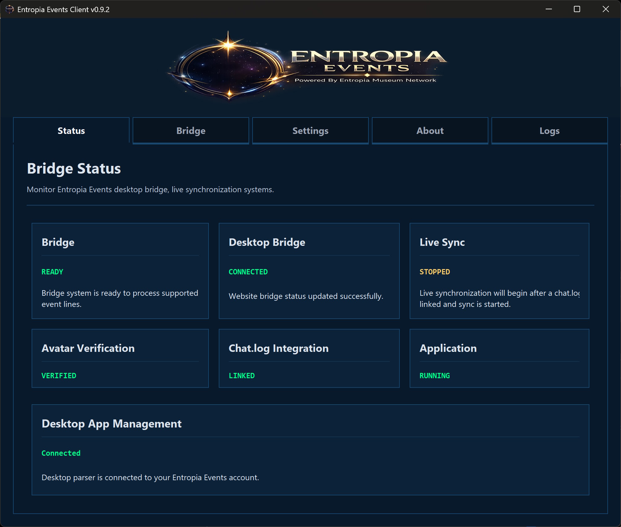 Entropia Events Client Status tab